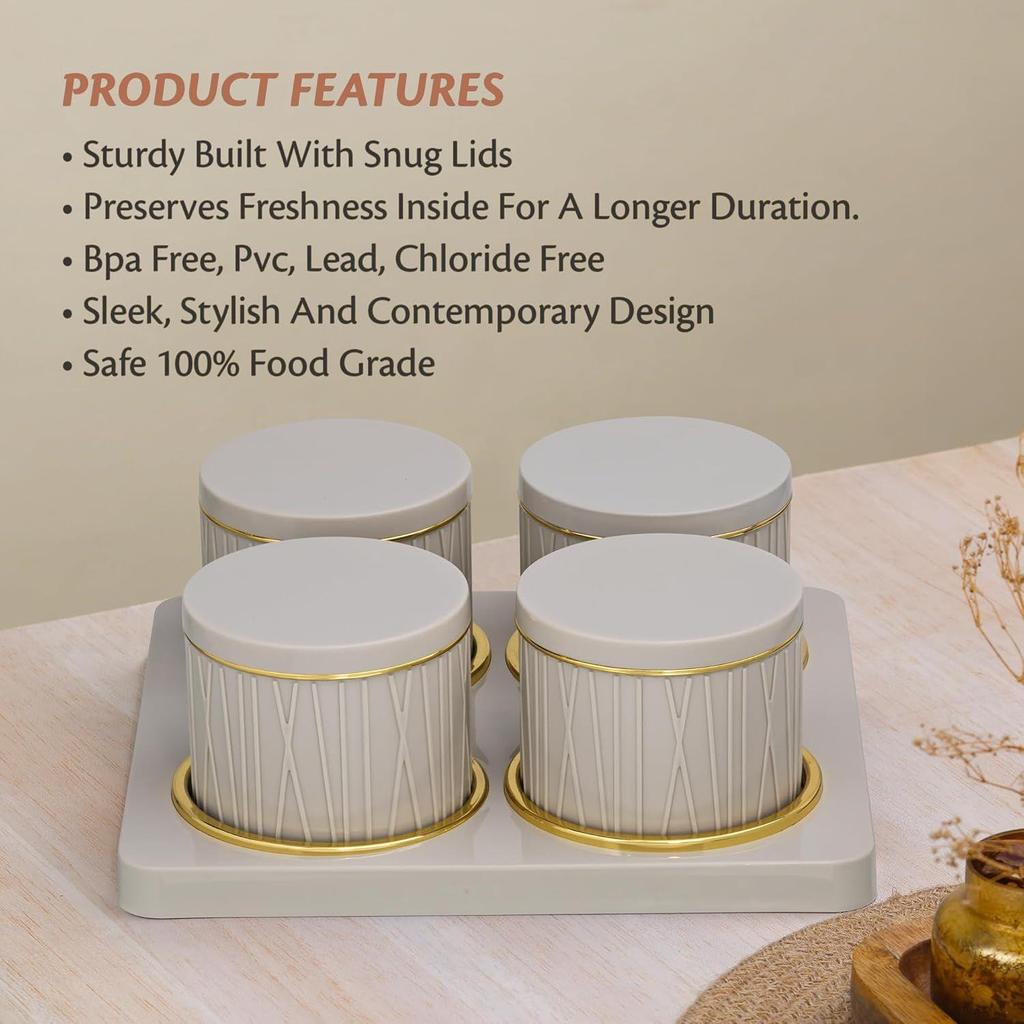 Container Tray Set -4 Pcs (450ml) Multi-Color (Emerald Green, Classic White, Bluish Grey) Polypropylene with Subtle Gold Rim (Repose Grey)