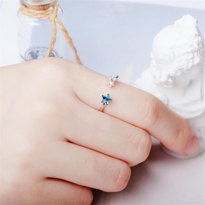 New Exquisite Beautiful Fresh Blue Star 925 Sterling Silver Jewelry Personality Sweet Simple Crystal Opening Rings R129