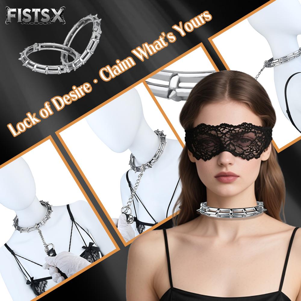FISTSX BDSM Bondage Kit Metal Collar with Chain Leash Couples SM Game Bondage Gear Spiked Collar for Women Men