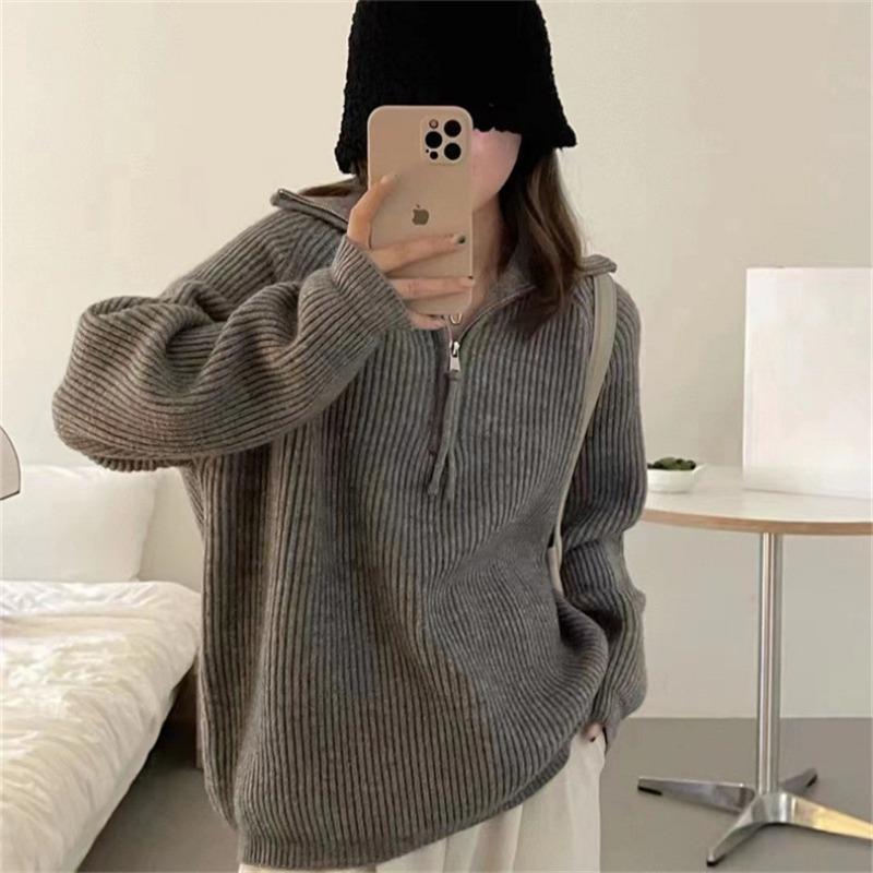 Autumn Winter Stand Collar Loose Casual Zipper Pullover Sweater Women Solid Color All-match Bottomed Knitting Top