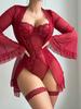 Lace One Piece Sleepwear Flare Sleeve  Belted Lingerie Set With Stockings For Women Underwear