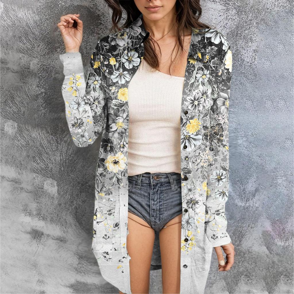 Women's Casual Fashion Floral Print Long Sleeve Mid-Length Cardigan Jacket