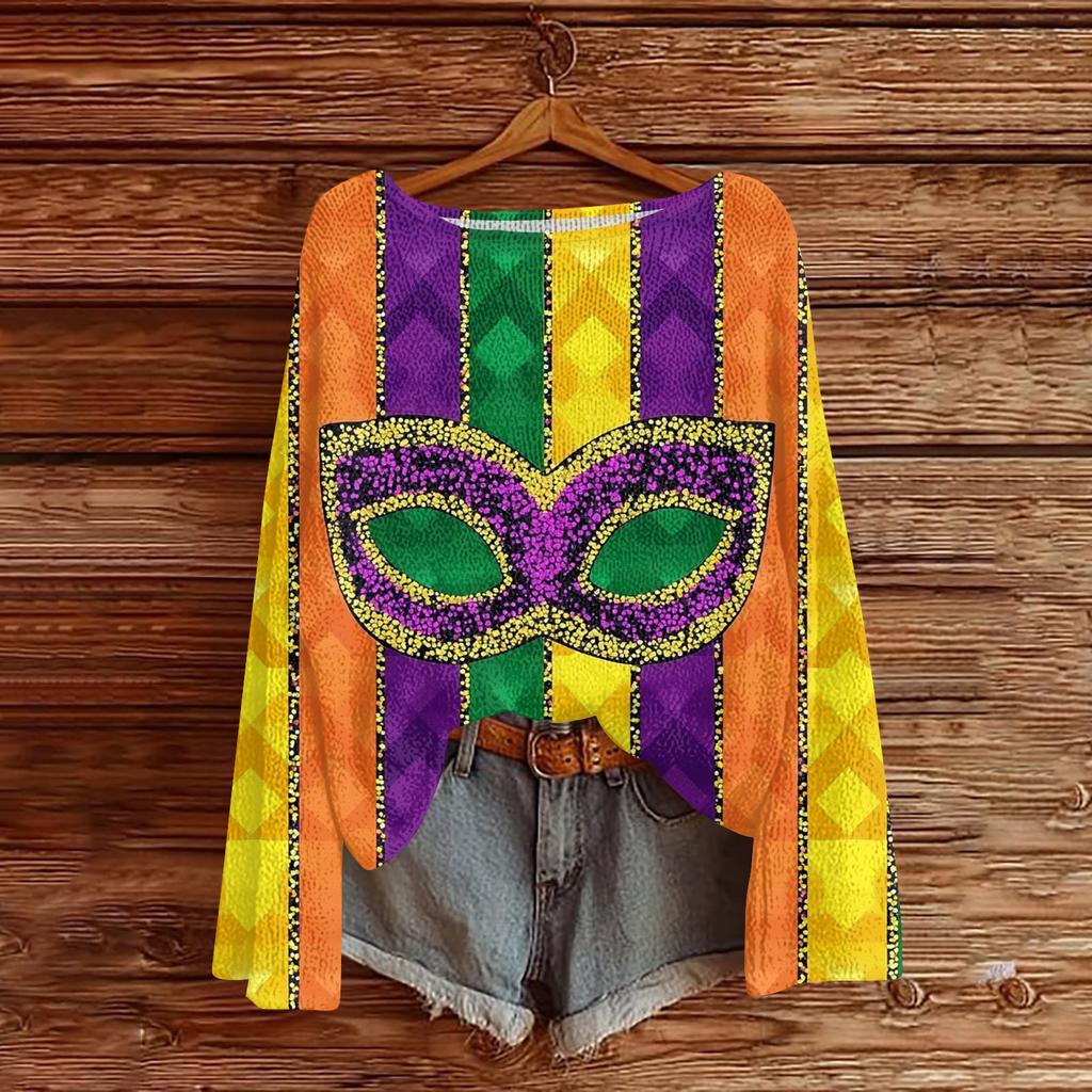 Damen Casual Mode Rundhals Oberteil Karneval Print Langarm Strickpullover