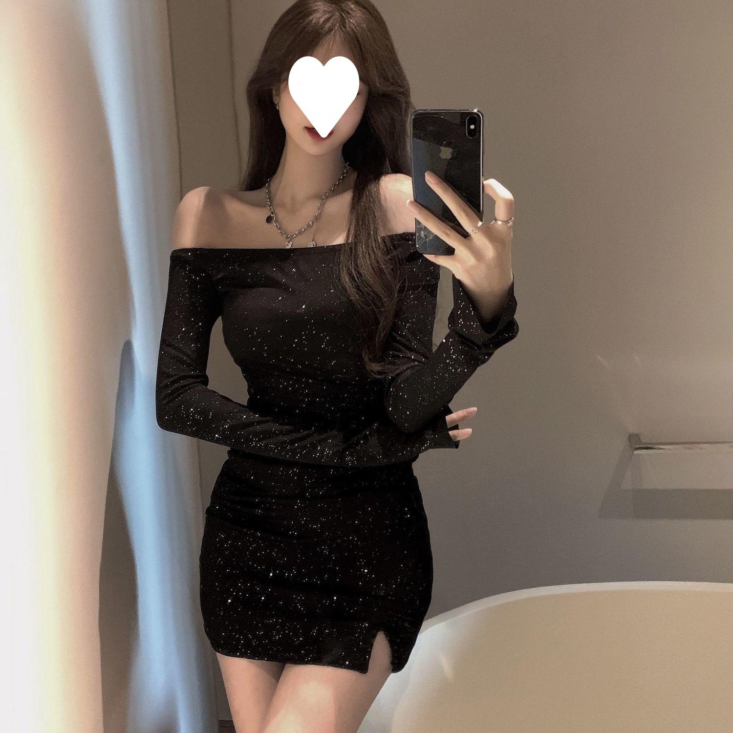 One-word shoulder dress, female slim body with diamonds, long sleeves, irregular hip-wrapped short skirt, early autumn new black skirt S