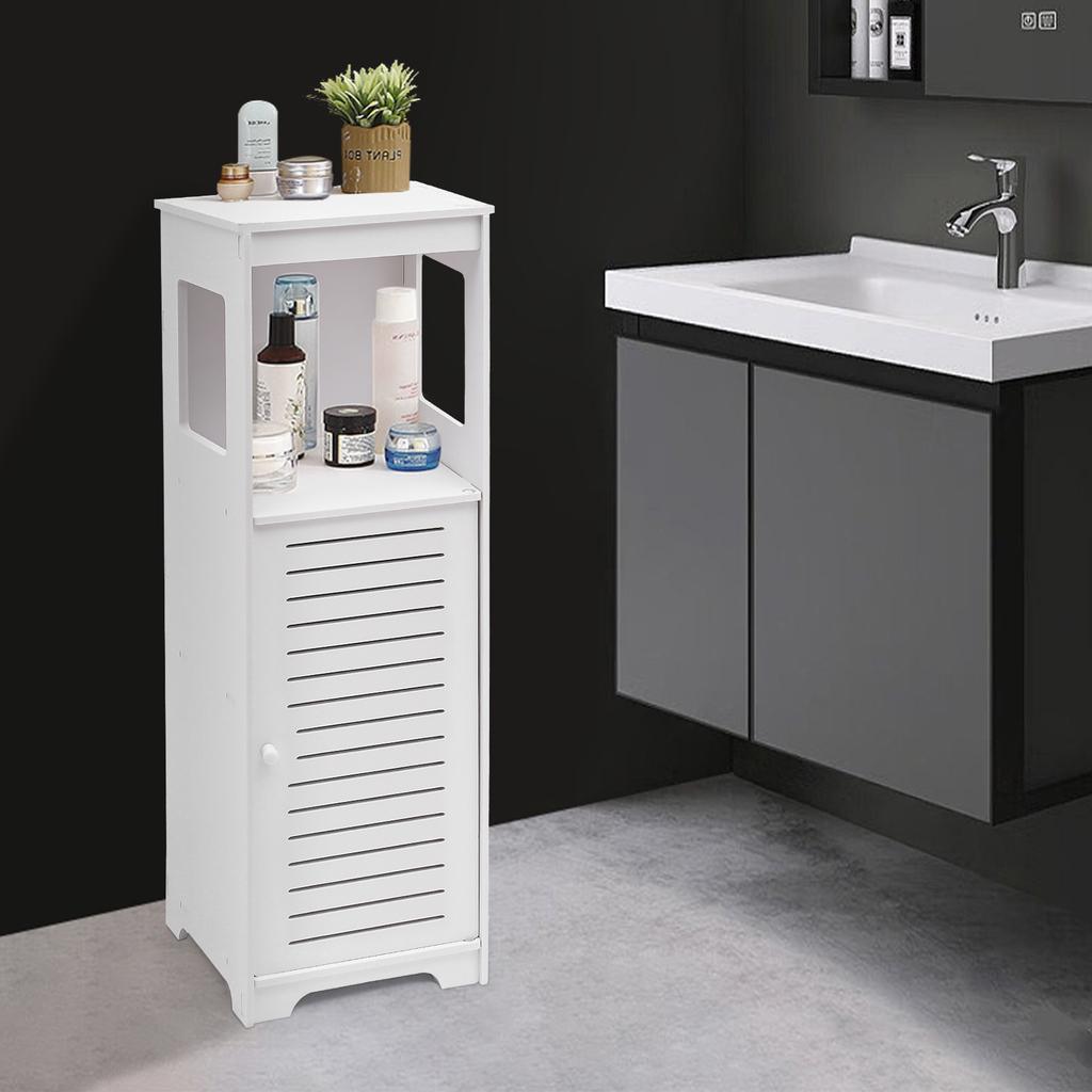 4-Tier White PVC Bathroom Storage Cabinet – Floor Standing Organizer with Ventilated Door – 35.4 Inch Tall