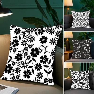 Retro Black and White Flowers Pillow Case Fashion Square Pillowcase Bedroom Sofa Room Ins Decoration Leisure