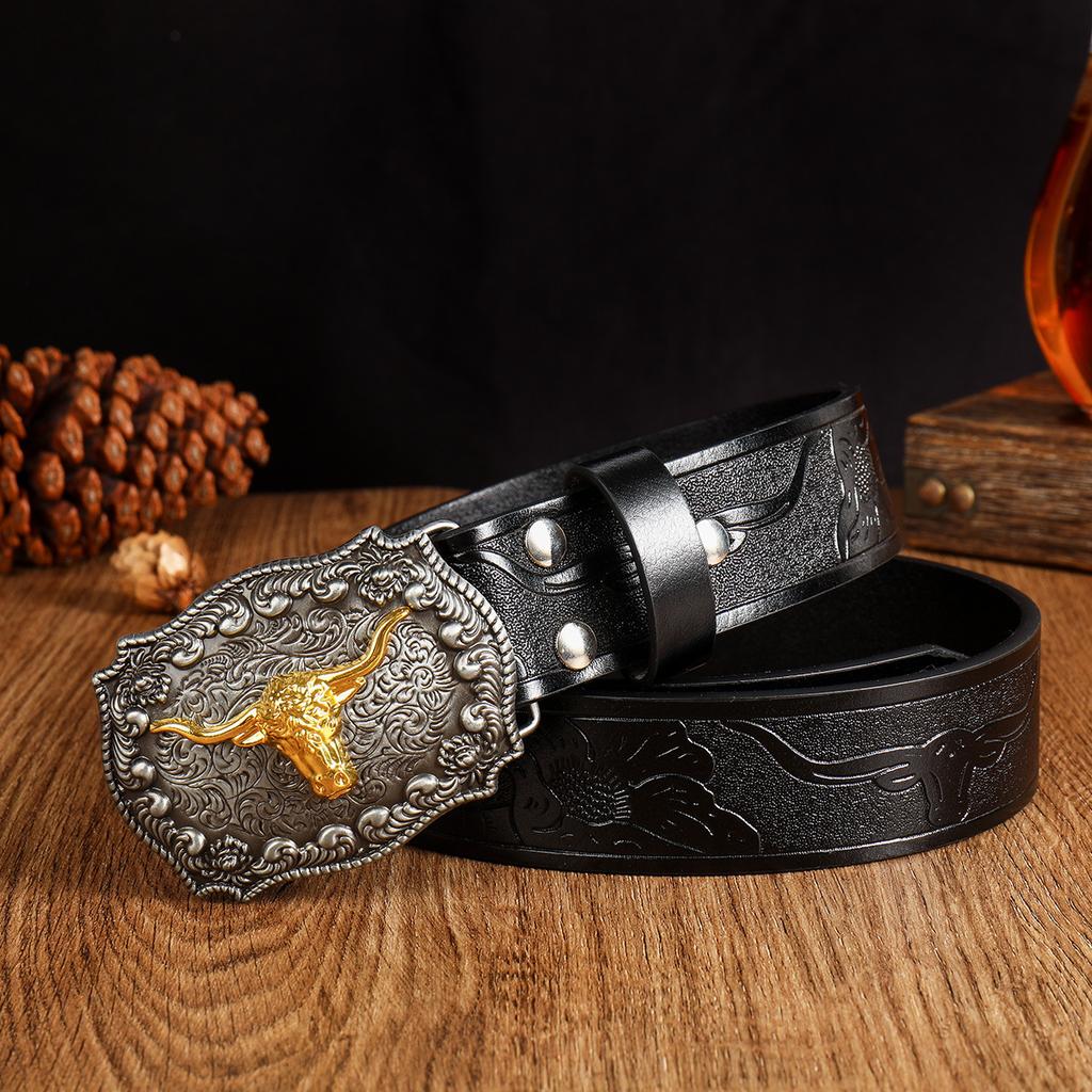 New Men's Western Cowboy Belts Cool Handsome Black PU BELT Material Embossed Design and Stylish Alloy Buckle Men Belt