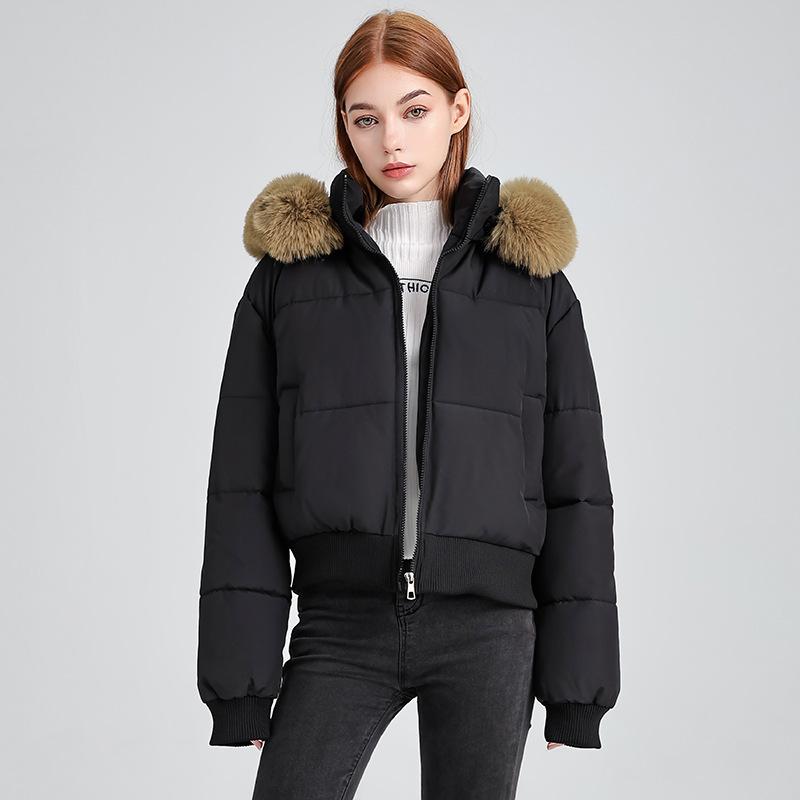 High waist big fur collar hooded short cotton jacket women's autumn and winter new down cotton jacket thin jacket
