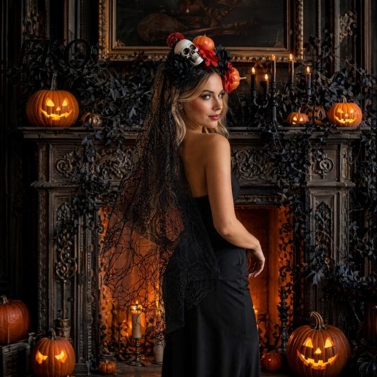 Halloween Costume Headband Pumpkin Skull Floral Headband, Stable Hair Hoop with 3D Artificial Spiderweb Flowers And Black Gauze Gothic Party