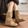 European and American style black belt buckle knight boots women's winter round head low heel pile boots small trend short boots
