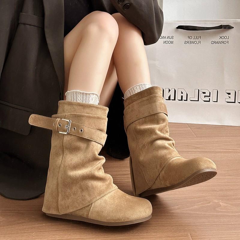 European and American style black belt buckle knight boots women's winter round head low heel pile boots small trend short boots