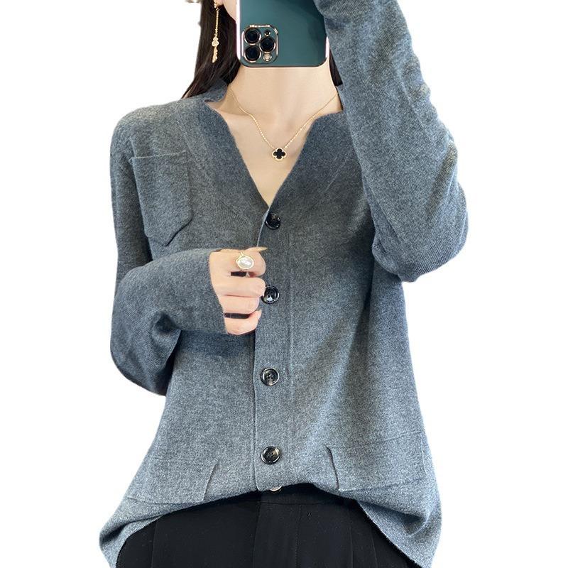 Spring and Autumn with Pockets Knitted Cardigan Women's Jacket Solid Color Loose Thin Outwear Top Long-sleeved Knitwear