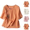 Damen Stickerei Locker Retro Leinen-Baumwolle Kurzarm Bluse