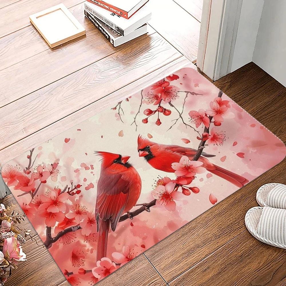 Christmas Red CardinalBird Print Welcome Door Mat Non Slip Bedroom Bathroom Kitchen Doormat Polyester Home Carpet Decor  Doormat