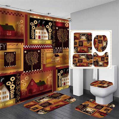 4-delige Complete Set Douchegordijnset Antislip Matten Badmat Toiletdekselhoes en 12 Haken Waterdicht Polyester Badkamerdecor