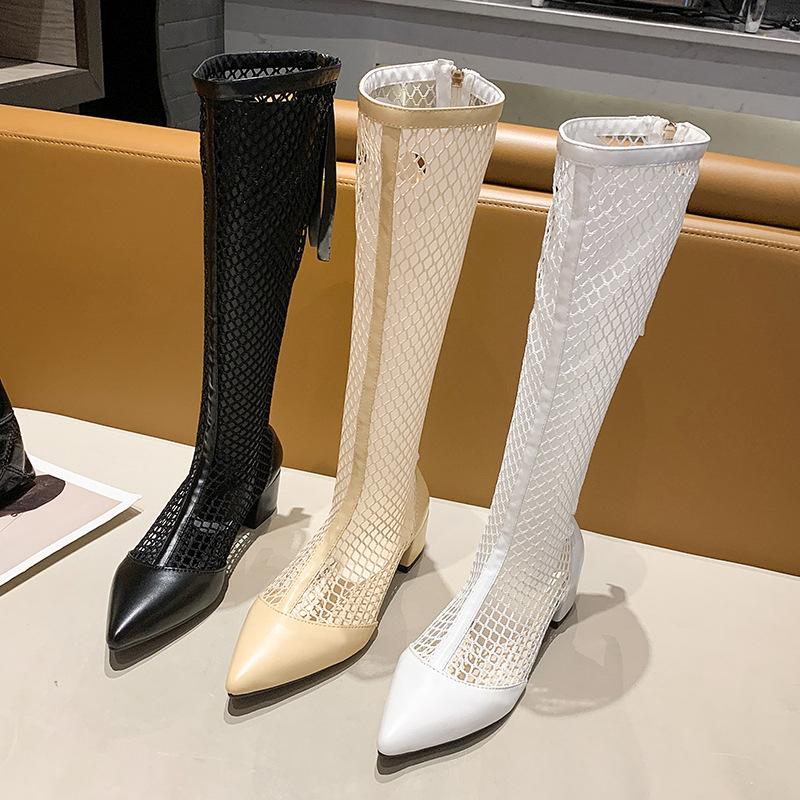 Long Boots Women's New Summer Wear In 2025 Pointed Hollow Boots Thick Heel High Cool Boots