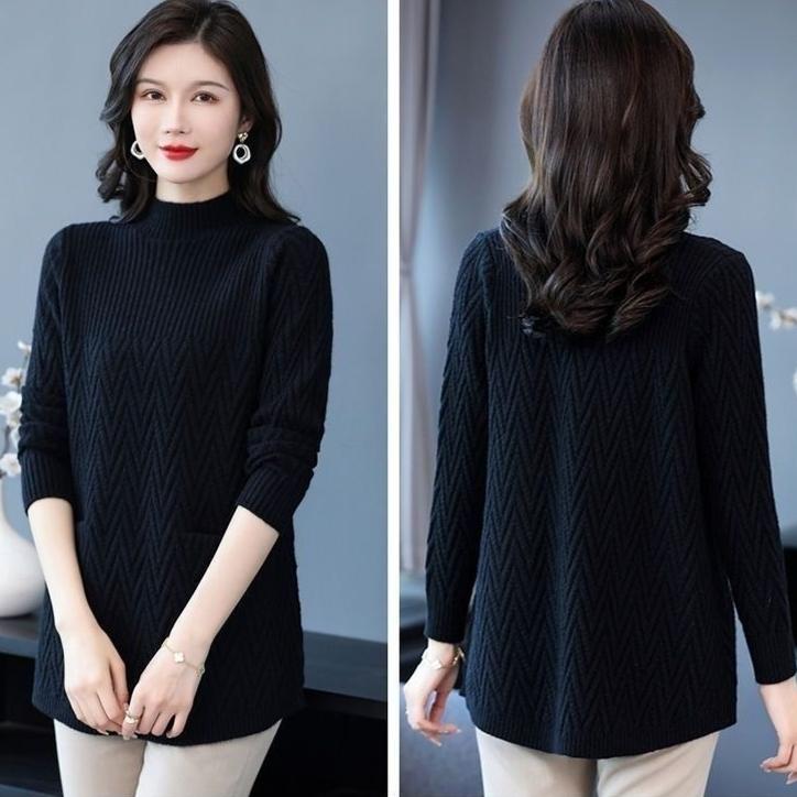 Women's Loose Mid-length Sweater Autumn Winter Thickened crew neck Solid Color Sweater with Pockets