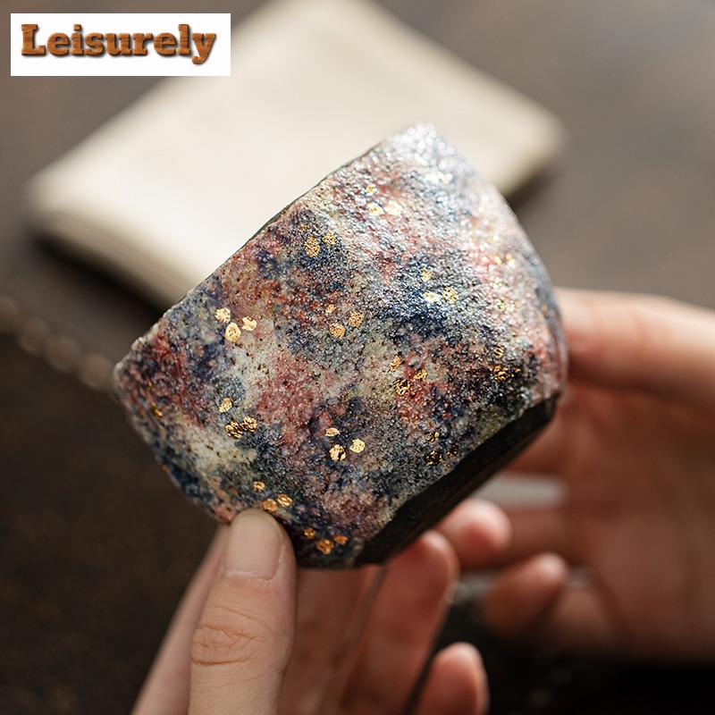 120ML Antike Lange Ofen Felsmine Teetasse Handgefertigte Knetkeramik Meistertasse Verkostungs-Teeschale Goldpunktierung Kung Fu Tee Geschenkbox