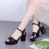 Summer New Rhinestone High Heel One-word Buckle High Thick Heel Women's Sandals Beaded Fish Mouth Fashion Shoes