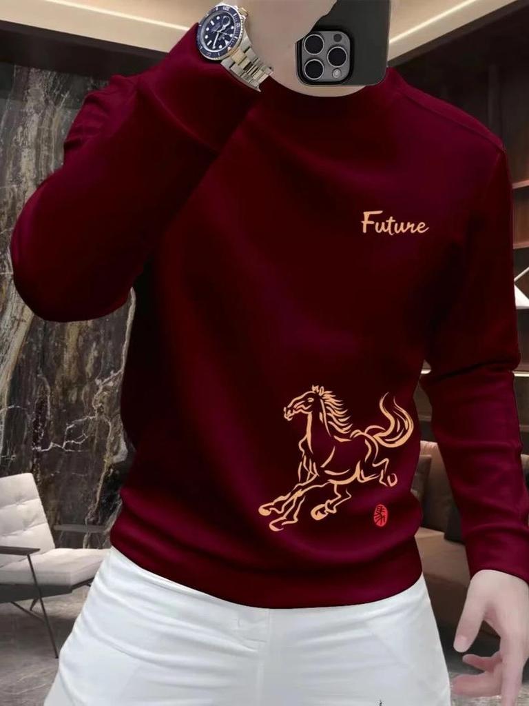 2026 Year of the Horse Red Velvet Men's Zodiac Hoodie - Trendy, Festive, Casual Slim Fit Layer