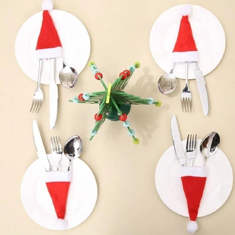 10Pcs Christmas Tableware Bag Holder Christmas Hat Fork Knife Cutlery Bag Christmas Decorations for Home