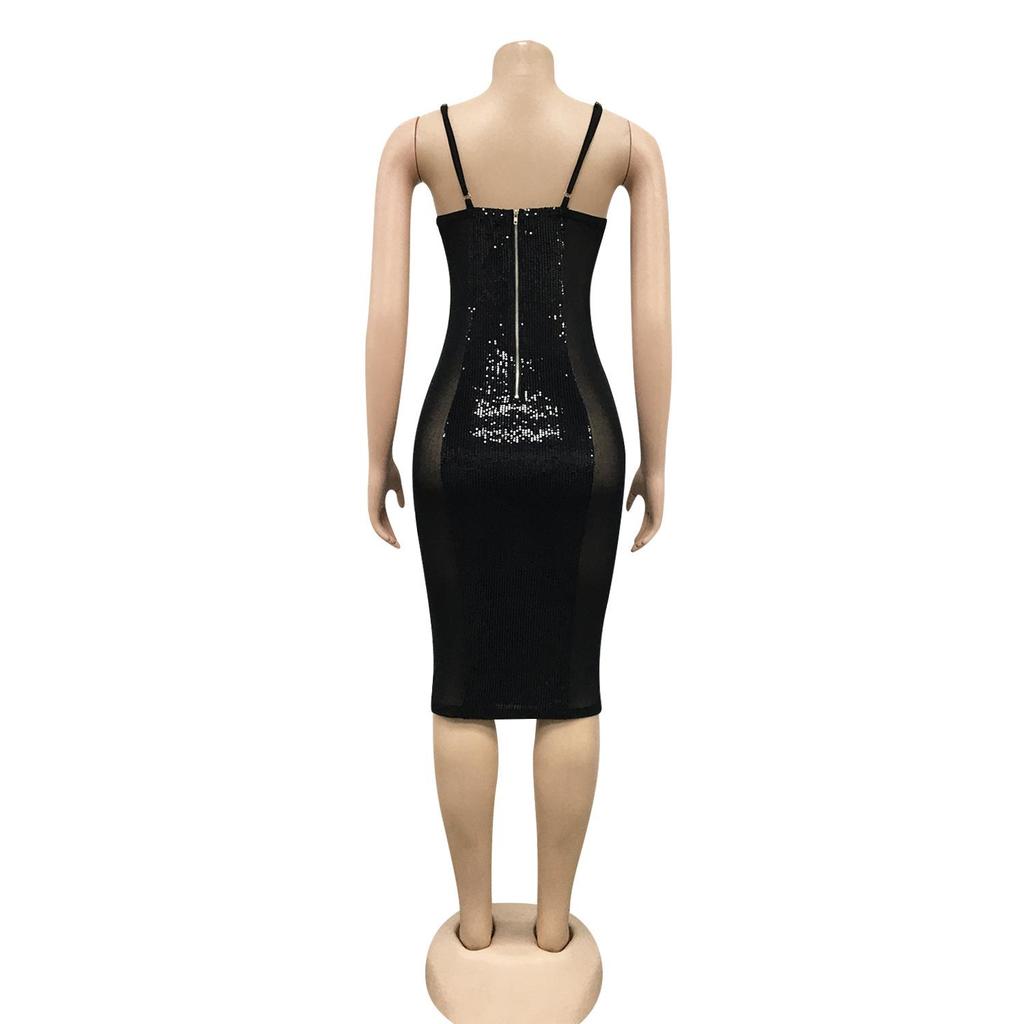 Damen Spaghettiträgerkleid mit Spitze und Pailletten für Herbst und Winter - Europäischer Nachtclub-Stil