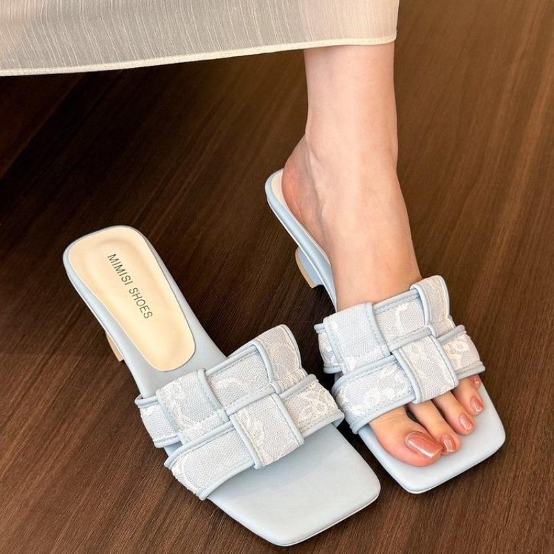 Fashion Fashion Summer Women Shoes New Style Handmade Square Open Toe High Heel Outdoor Fashion Slippers Apricot Off White Zapatos Mujer