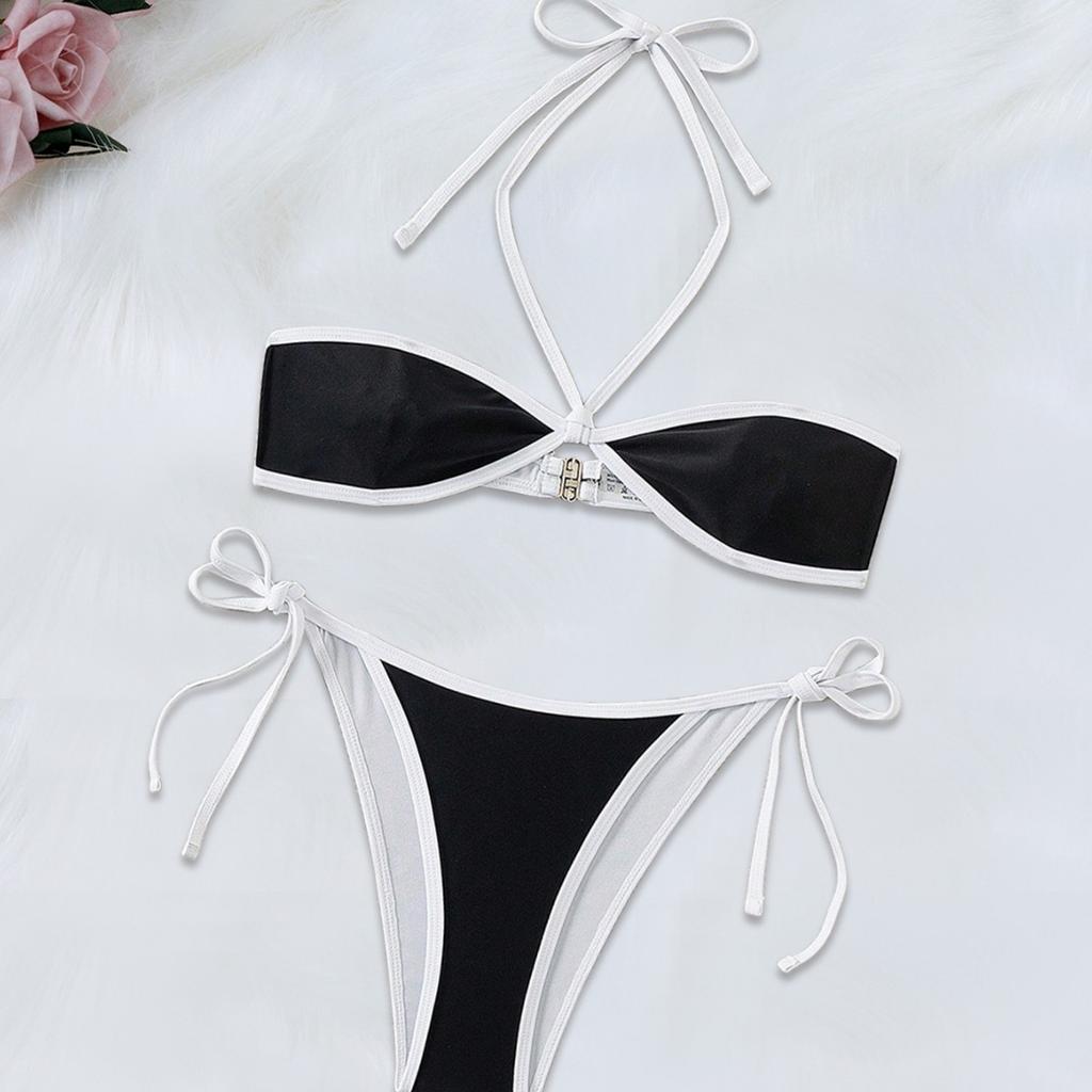 Dams Bikini Set med Kontrastkant och Halterneck Svart Vit V-ringad Triangeltopp Snörning i Sidan Sexig Enfärgad Sommar Strand Badkläder