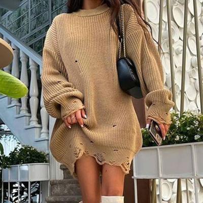 Damen Pullover Dreidimensionale Schneiderei Lockere Passform Weicher Strickpullover O-Ausschnitt Langarm Zerrissene Löcher Mittellange Oberteile
