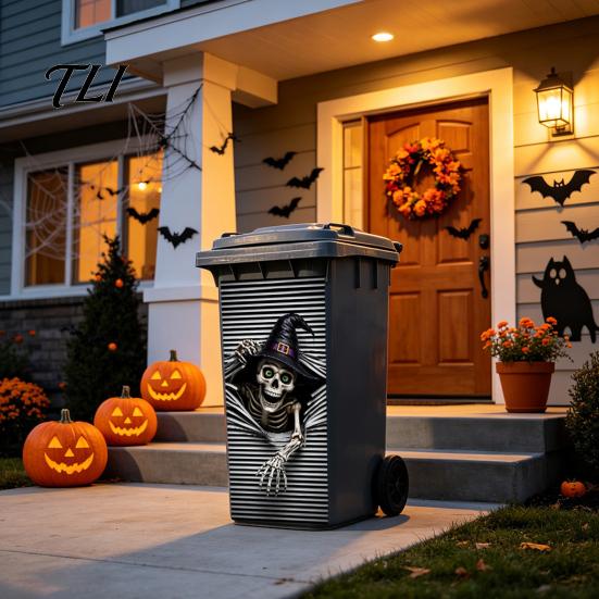 Outdoor Festive Atmosphere Decor Halloween Wall Stickers Trash Can Decal Stickers, Spooky Skull Ghost Horror for Bins Decals Garbage Cans, Waterproof
