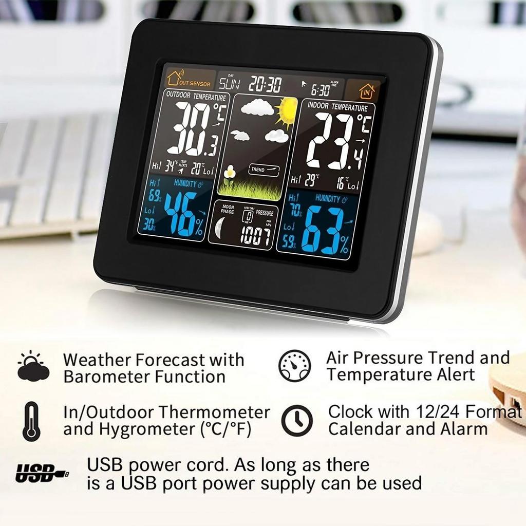 Wireless Digital Weather Station Forecast Clock with Outdoor Sensor Indoor Outdoor Thermometer Hygrometer Temperature Monitor