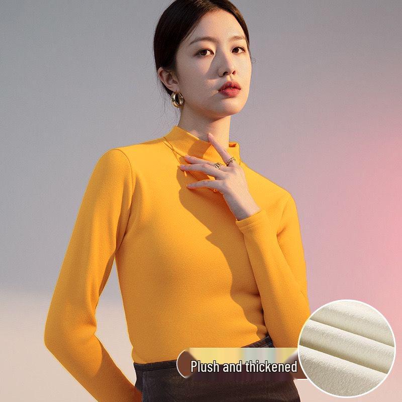 Women's Velvet Semi-High Neck Long Sleeve T-Shirt - Thick, Warm, and Versatile for Autumn and Winter