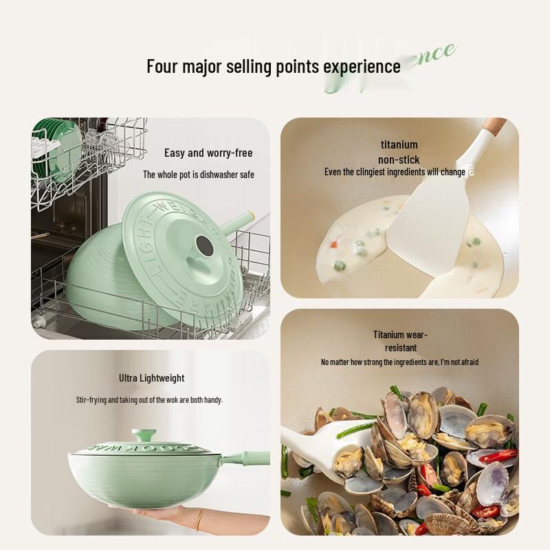 ZISIZ 32cm Flat Bottom Ceramic Stir-fry Wok with Iron Lid