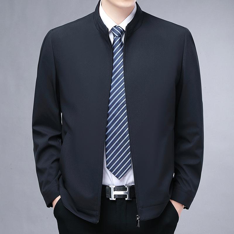 Dad Dress Stand Collar Jacket Zipper Shirt for Men Spring and Autumn New Middle-aged Men Business Casual Solid Color Coat