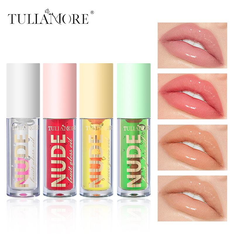 4 Pcs Warm Fruit Lip Oil Set, Mirror Water Light Lip Glaze Clear Moisturizing Moisturizing Care Lip Enlargement