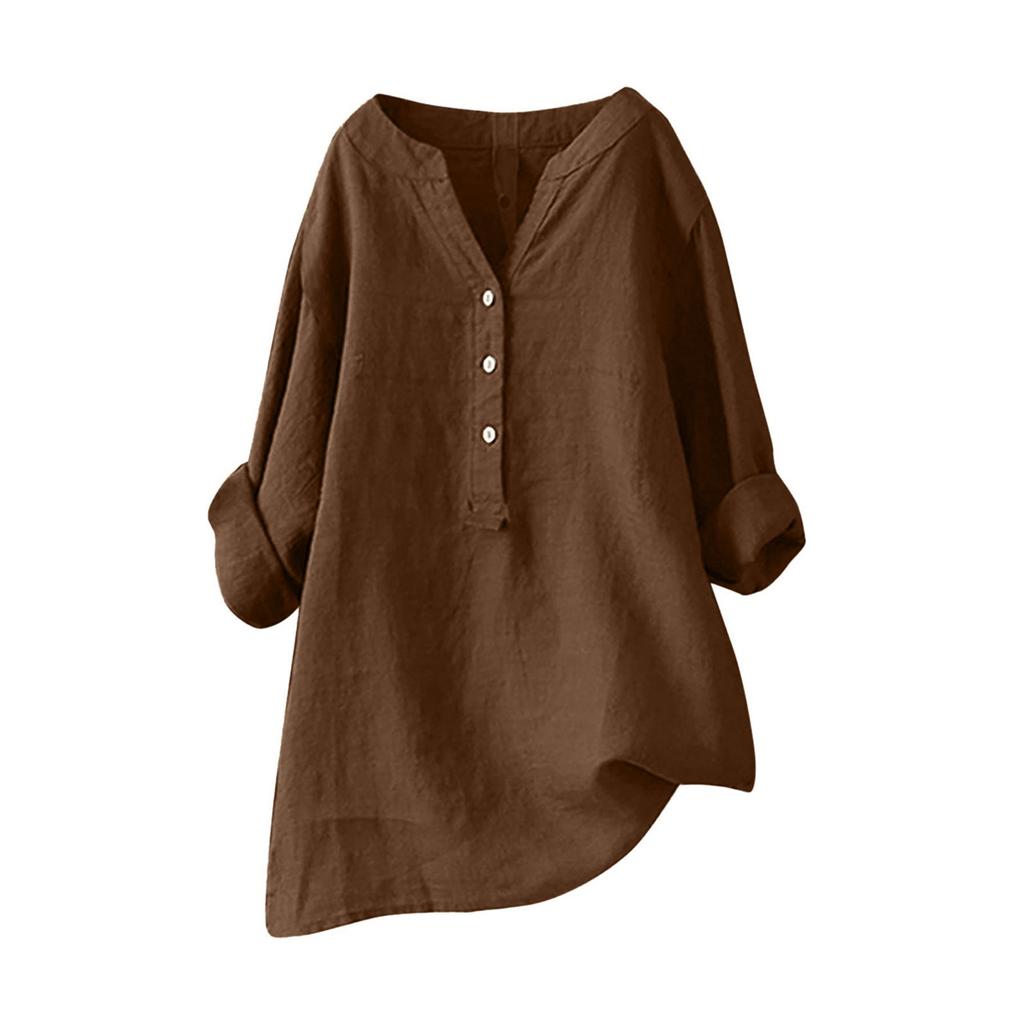 Women’s Long Sleeve Linen Tunic Shirt Loose Fit Button Down V Neck Casual Blouse Lightweight Comfortable Top