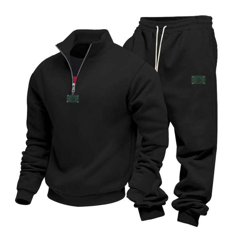 Mens Winter Thickened Fleece-Lined Casual Hoodless Jacket Pants Set Loose Fit Urban Style