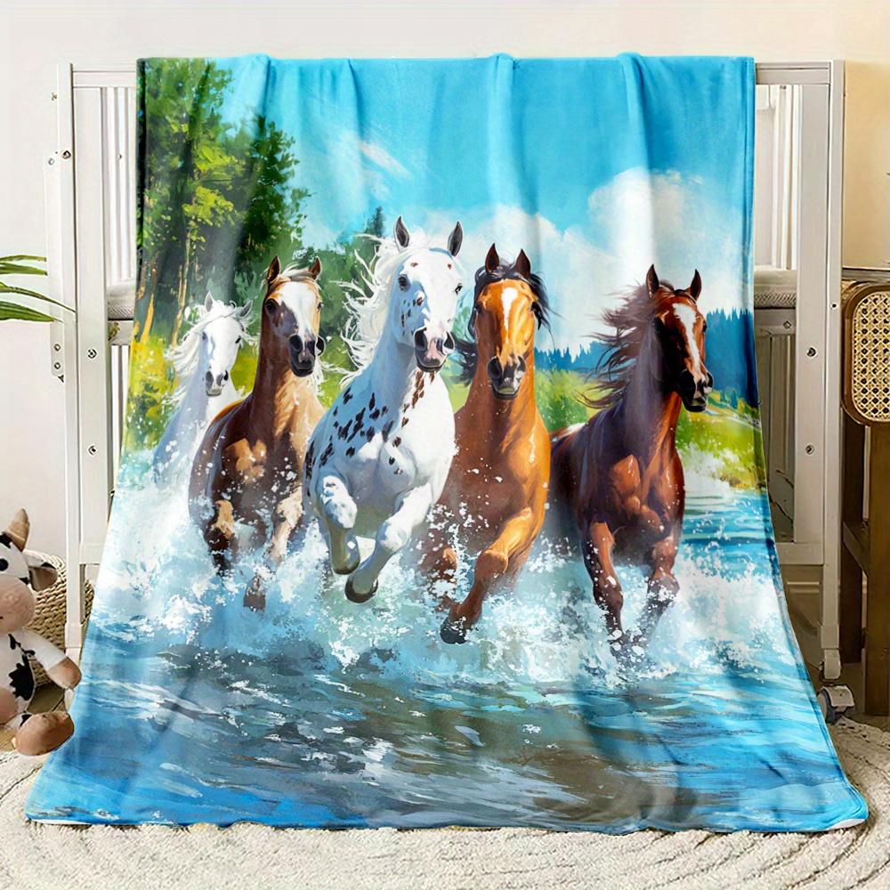 Running Horses Art Digital Print Throw Blanket, Soft Lightweight Warm Bedding Blankets for Bed Sofa Couch Office Travel, 1PC