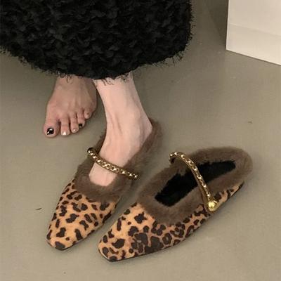 Fashion Fashion Winter Warm Plush Slippers for Women Metal Chain Design Outdoor Low Heel Non-slip Slide Flat Shoes Women's Home Slippers