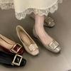 Temperament small square head fairy wind metal buckle light mouth small leather shoes women 2025 new soft sole thick heel commuting grandma shoes