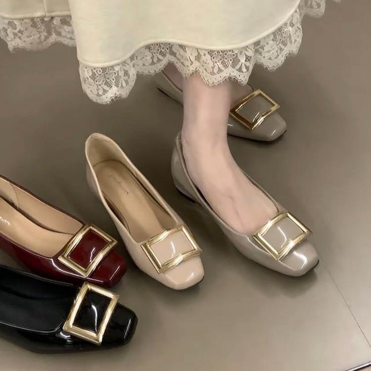 Temperament small square head fairy wind metal buckle light mouth small leather shoes women 2025 new soft sole thick heel commuting grandma shoes