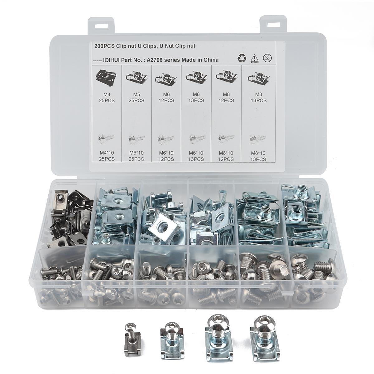 

A2706 200Pcs M4 M5 M6 M8 Assorted Quick Clip Fastener U Nut and Bolt with Box Type A