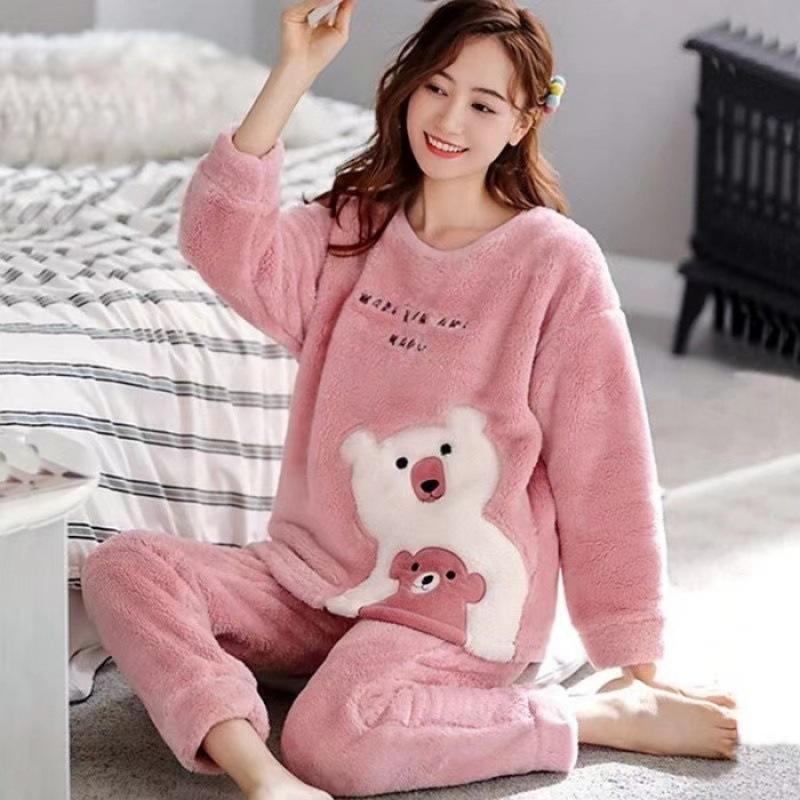 Thickened Warm Large Size Padded Fall and Winter Women's Pajamas Top and Pants Set Coral Velvet Ladies Cartoon Bear 2PCS/Set