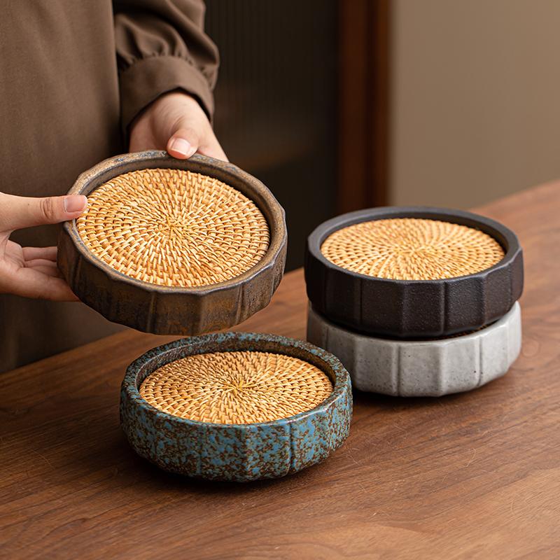 Water Storage Pot Bearing Rattan Pad Raising Pot Japanese Dry Brewing Table Single-layer Small Tea Tray Thick Ceramic Cover Bowl