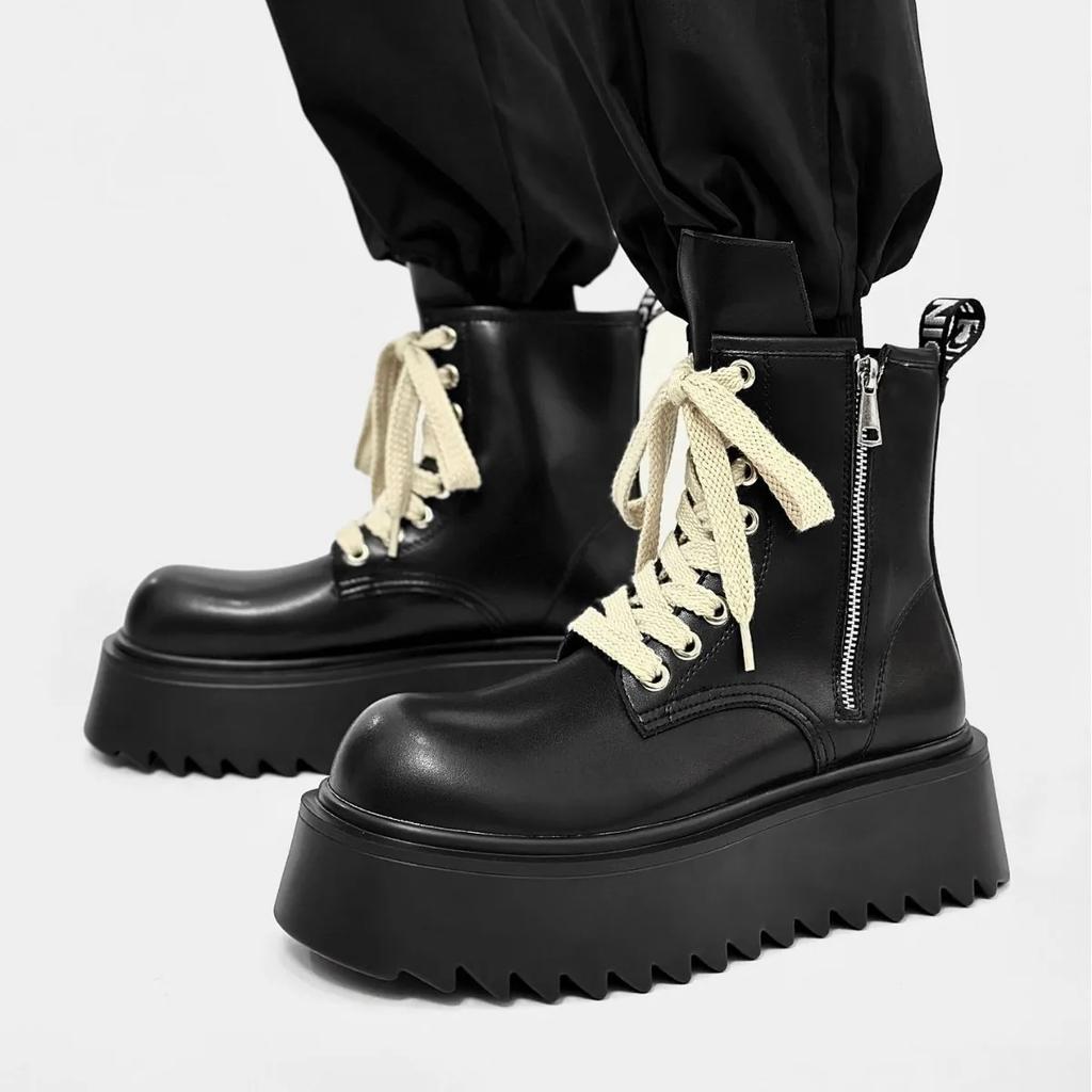 2025 British Style Zipper Chelsea  Boots Men's Motorcycle Boots Autumn and Winter Leather High-top Thick-soled Snow Boots