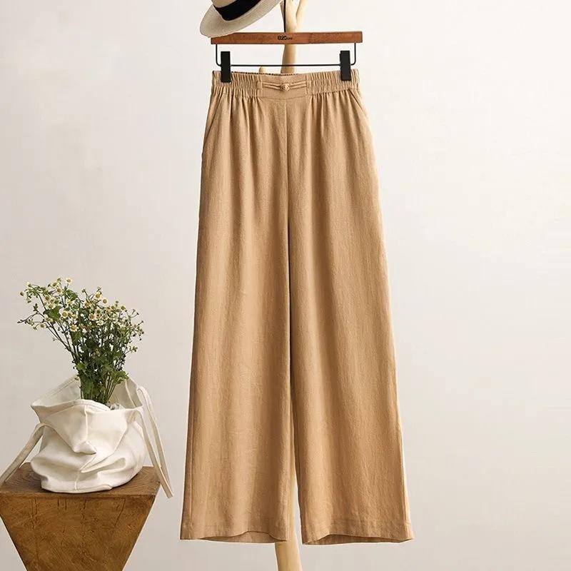 Women Fashion Casual Baggy Long Pants Wide Leg Elastic Waist Cotton Linen Flare Yoga Trousers Plus Size