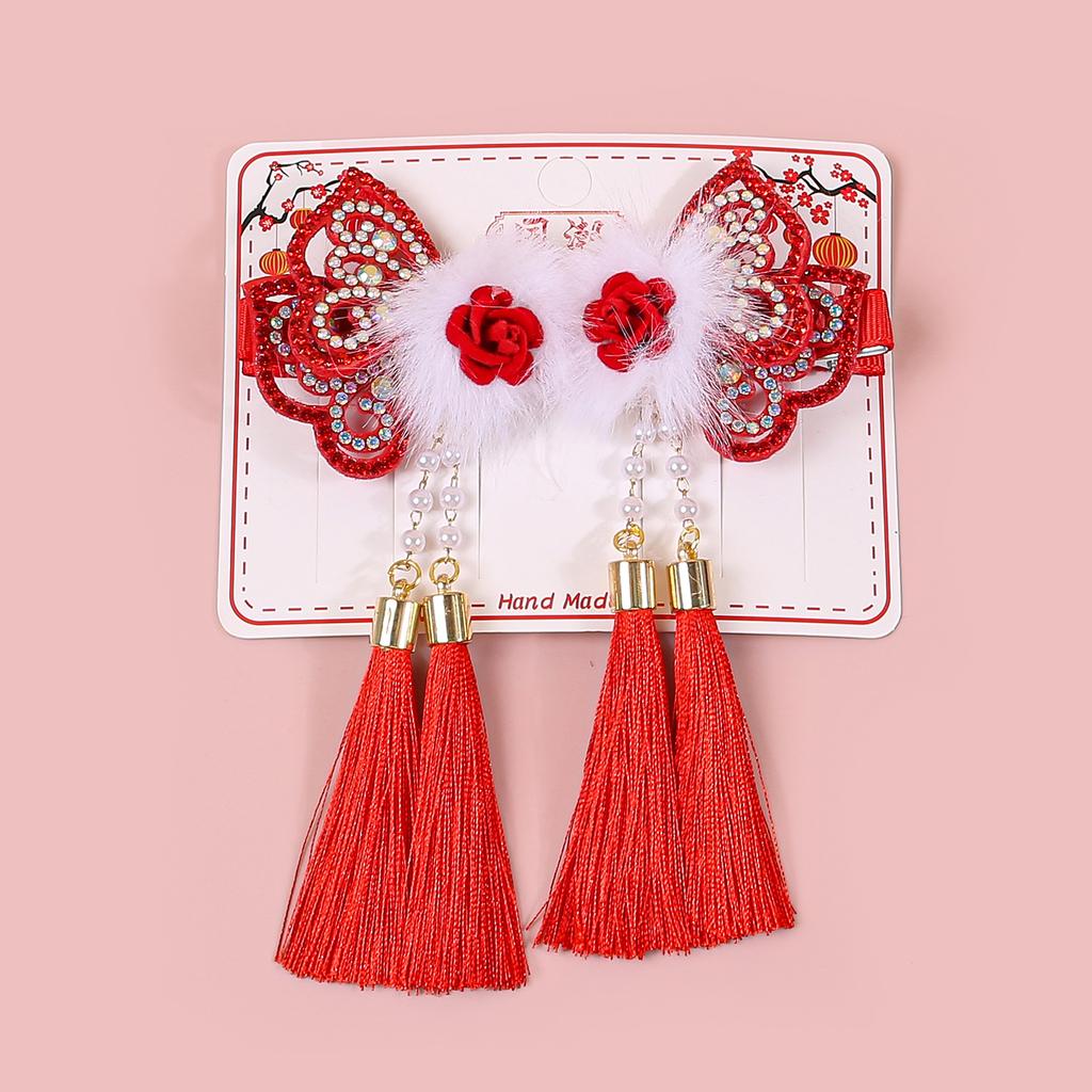 2pcs Chinese New Year Decorations Hair Clips Children Kids Tassel Bows Clips Barrettes Girls Children Party Hair Accessories