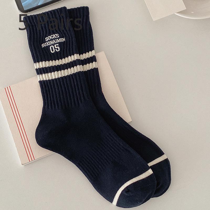 

5 пар женских весенних и осенних спортивных хлопковых полосатых чулок с вышитыми буквами 5 Pairs темно-синий