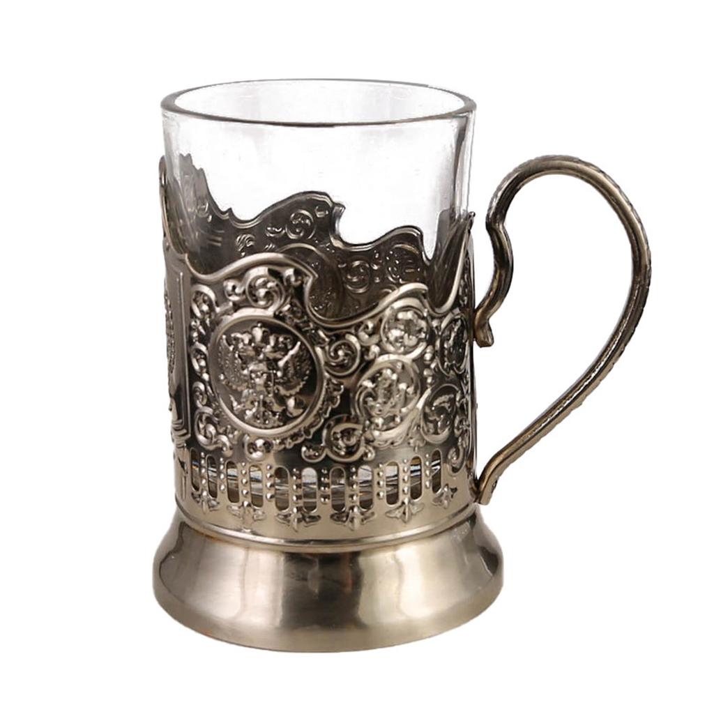 Russisches Teeglas mit Metallhalter Traditionelles Kristallklares Dekoratives Glas Teetasse für Heiße Kalte Getränke Q0083