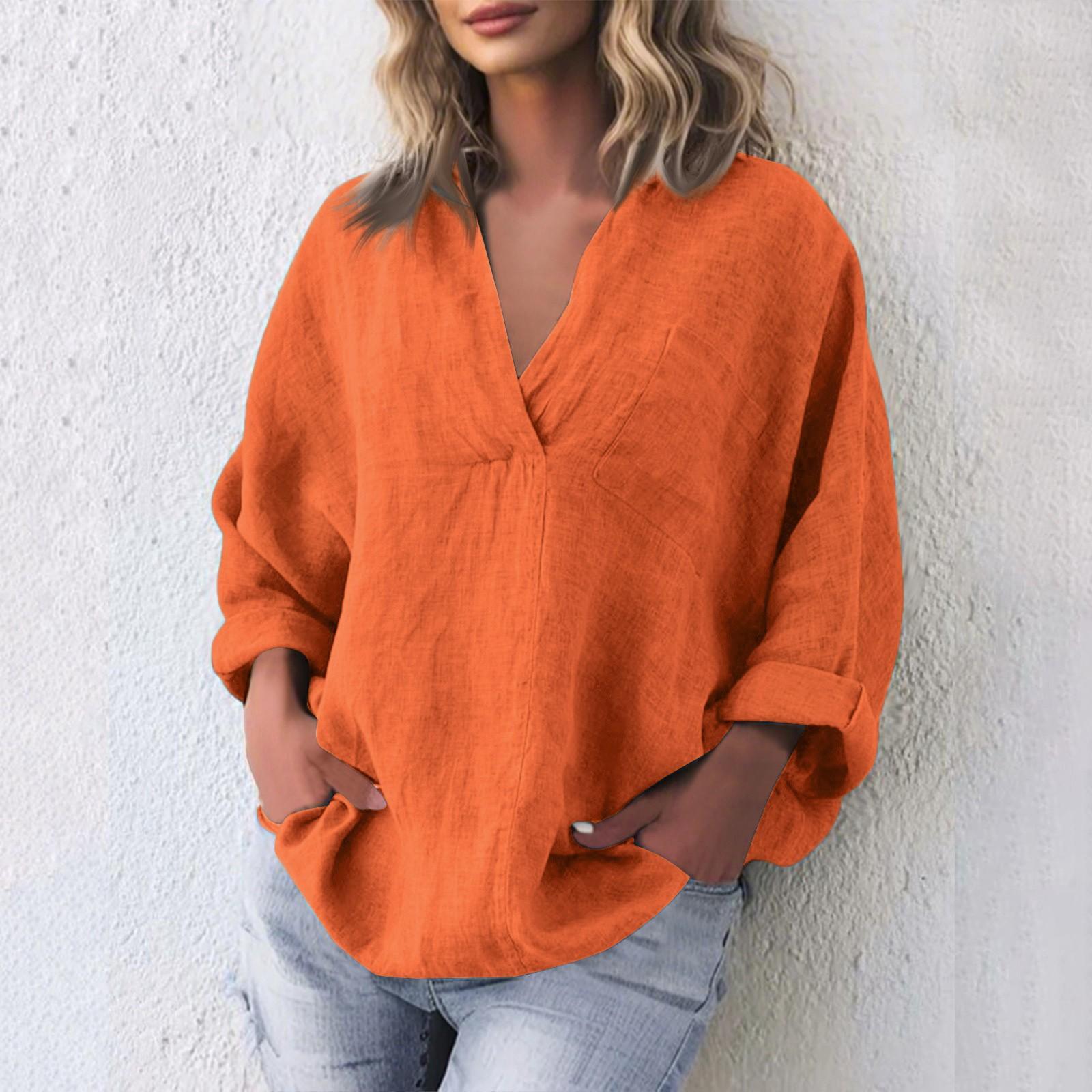 

Женская мода повседневный хлопковый льняной пуловер с V-образным вырезом и длинными рукавами XXL шафрановый